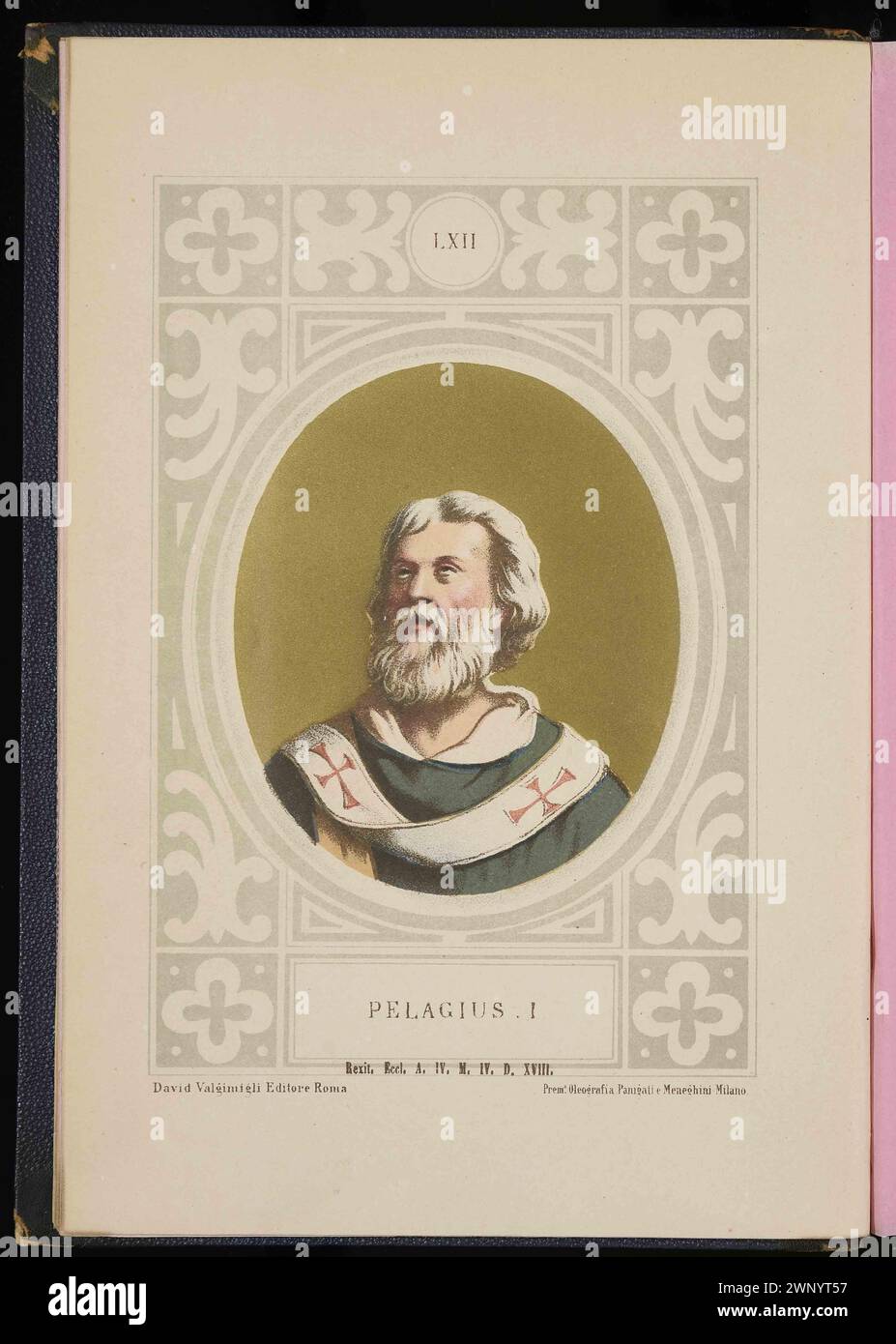 Ein Gravur von Papst Pelagius I. aus dem Jahr 1879, der von 555 bis 561 päpstlich war. Er war der 60. Papst. Stockfoto
