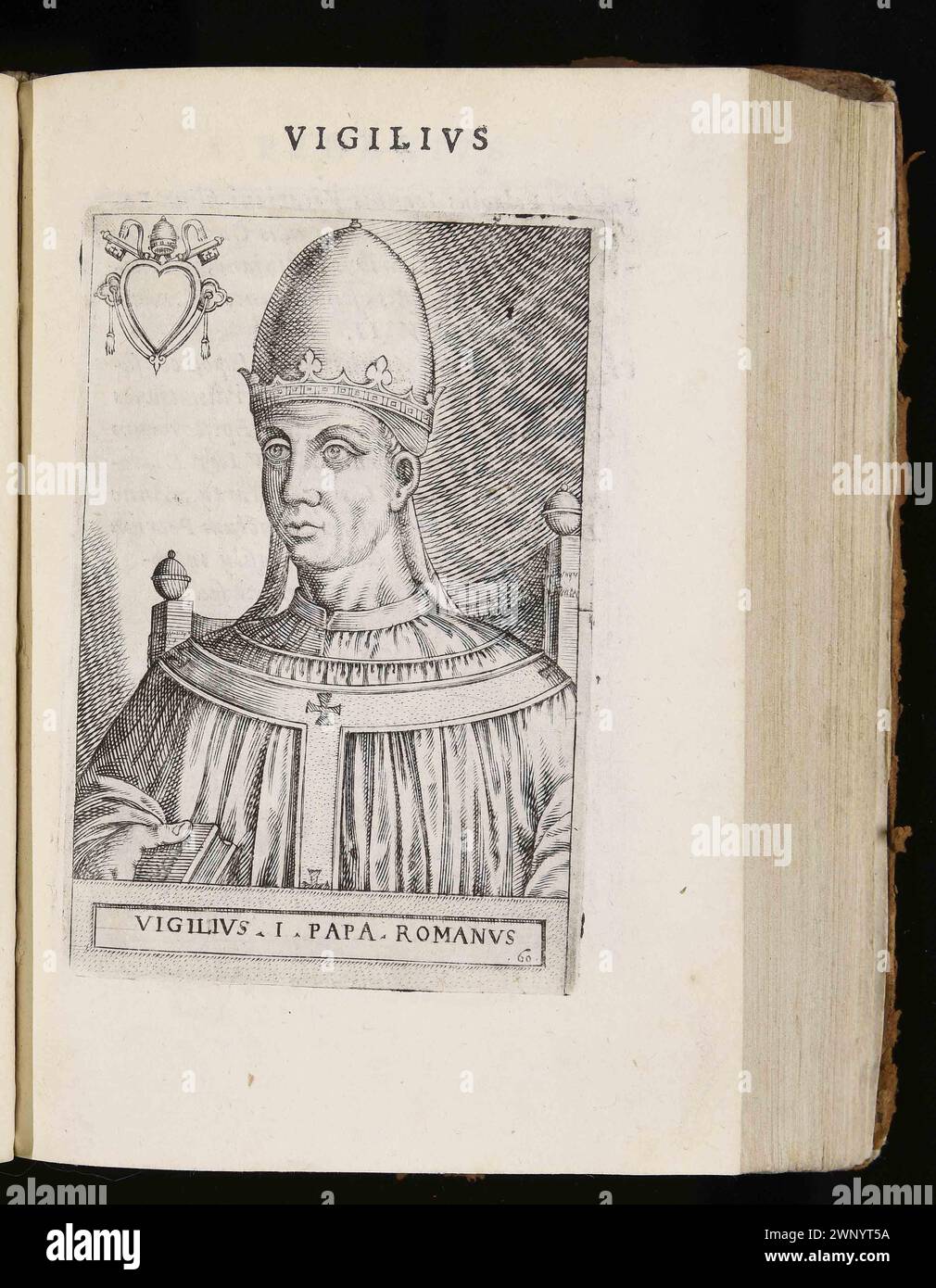 Ein Stich von Papst Vigilius aus dem Jahr 1580, der von 537 bis 555 Jahre alt war. Er war der 59. Papst. Stockfoto