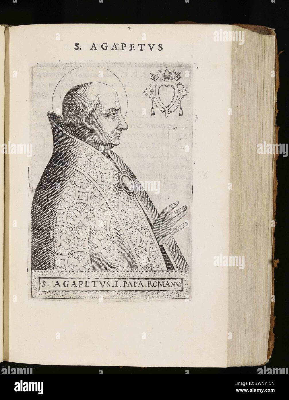 Ein Stich von Papst Agapetus aus dem Jahr 1580, der von 535 bis 536 Jahre alt war. Er war der 57. Papst. Stockfoto