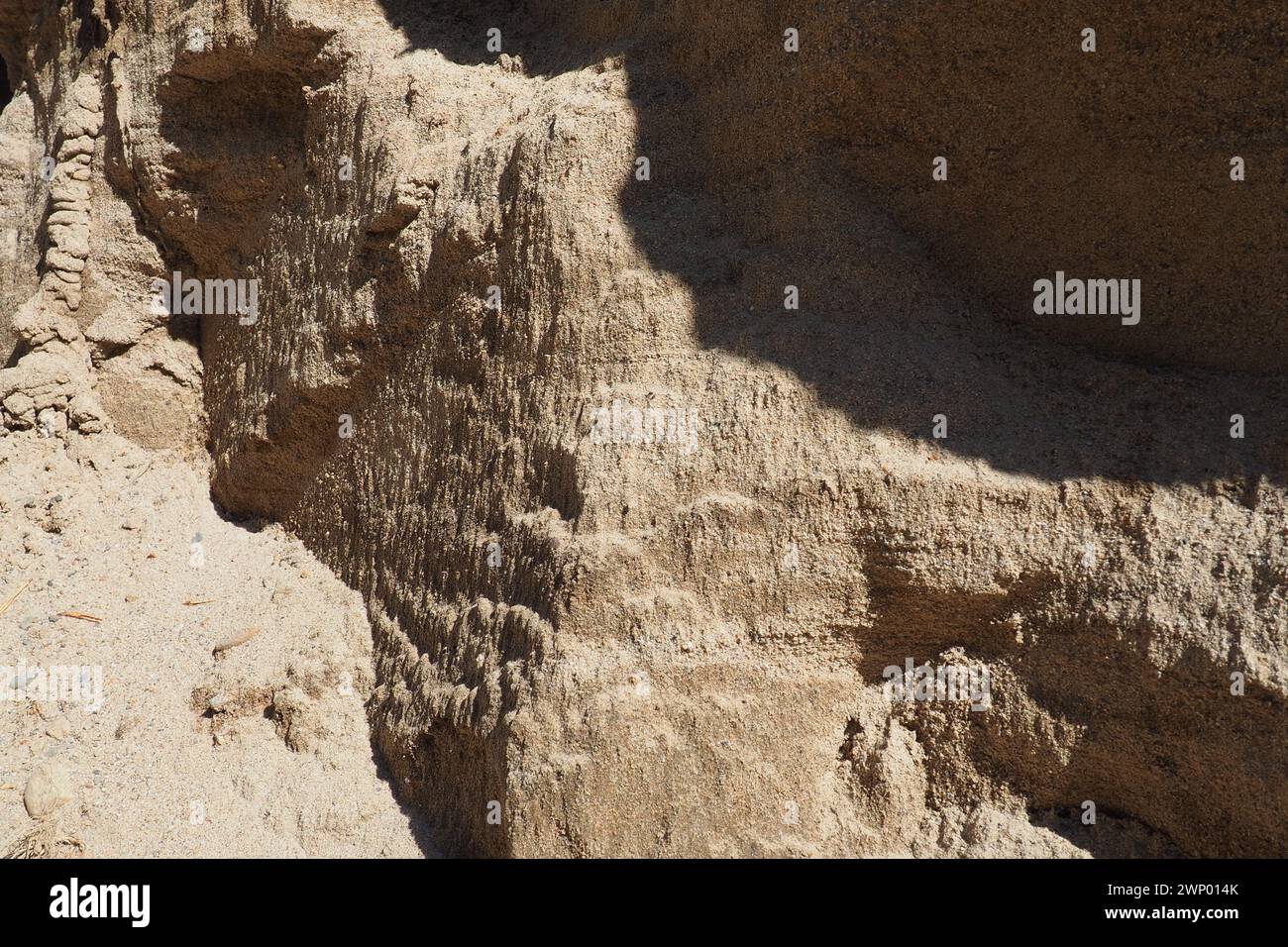 Sandstein ist ein fragmentarisches Sedimentgestein, ein homogenes oder geschichtetes Aggregat von fragmentarischen Körnern und Sandkörnern, die durch ein beliebiges Mineral gebunden sind Stockfoto