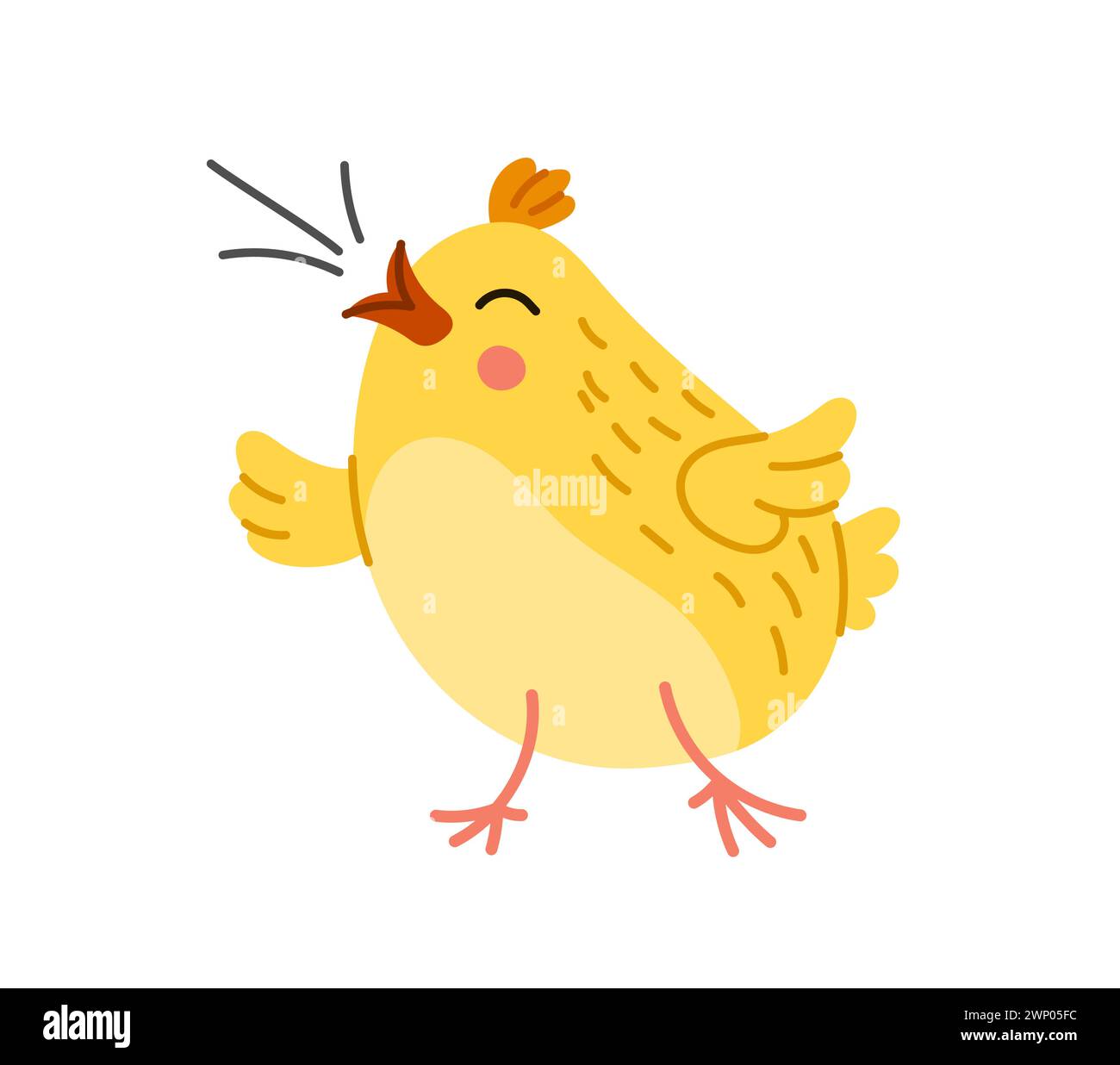 Entzückende Chick Cartoon-Figur twittert fröhlich mit geschlossenen Augen und winzigem Schnabel, überflutet von Niedlichkeit und verbreitet Jubel auf Farm oder Vieh. Isolierter süßer und lustiger kleiner Hühnergesang Stock Vektor