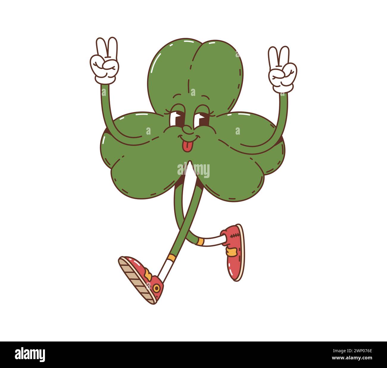 Cartoon-Trifilm-Kleeblatt-grooviger Charakter. Isolierte Vektor-Retro-Shamrock-Funky-Urlaubsfigur mit schelmischem Lächeln, die Freude und Glück verbreitet Stock Vektor