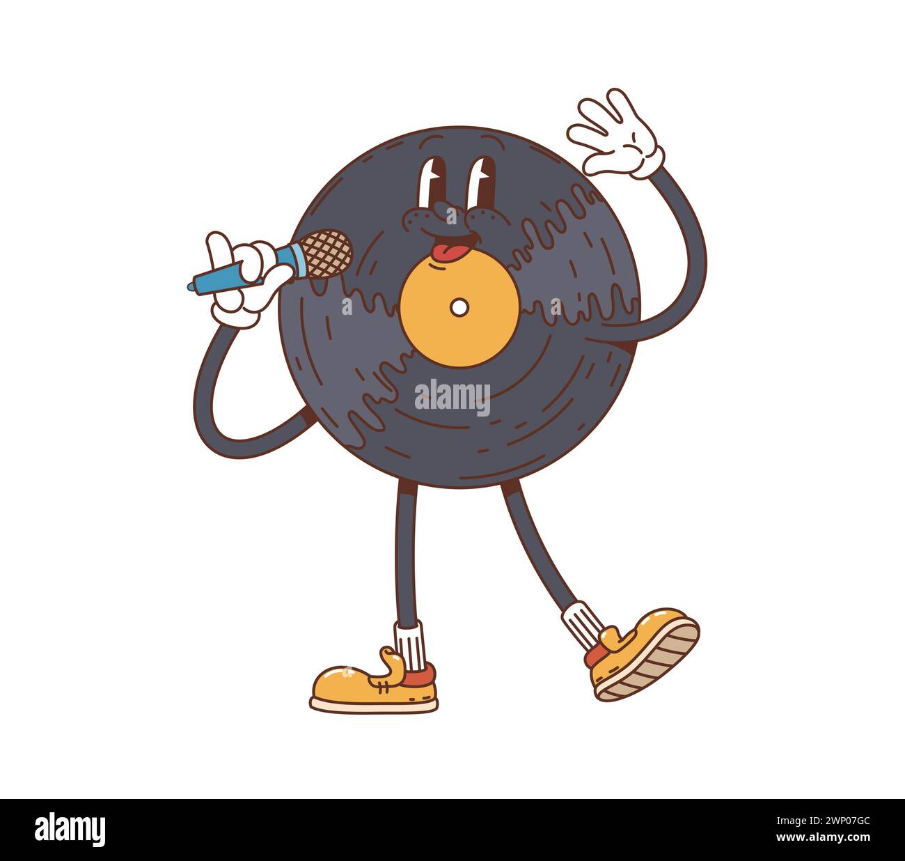 Der groovige Charakter der Comic Vinyl Disc singt leidenschaftlich in ein Mikrofon und verkörpert die gefühlvolle Atmosphäre klassischer Musik. Isolierter Vektor-Retro-Datensatz Co Stock Vektor