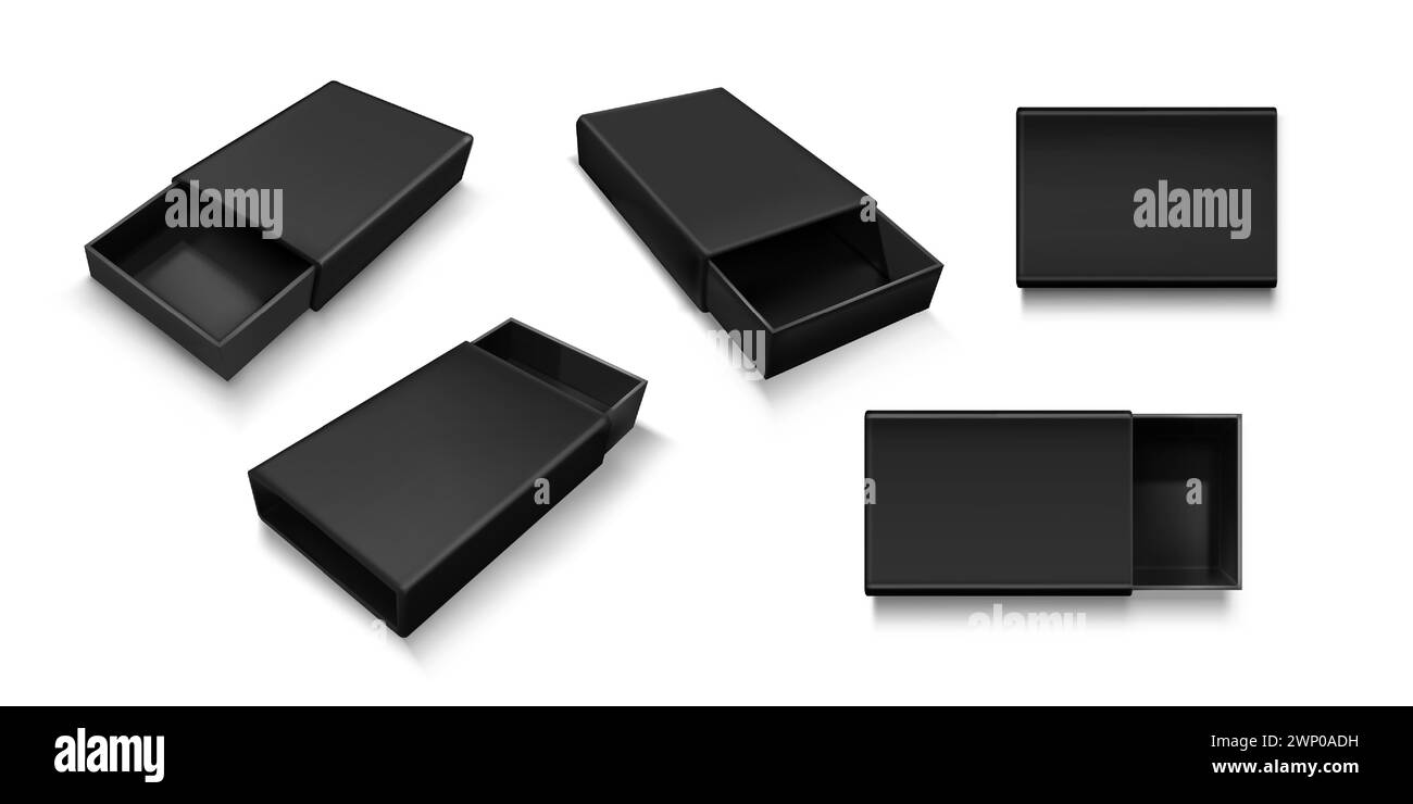 Öffnen Sie das Modell des Folienrahmens. Realistische Vektor-Illustration Set aus schwarzem leeren Karton mit Hülle. Leere Packung in Form einer Schublade für Geschenk- oder Warenportokonzept. Vorlage für Streichholzschachtel aus Karton. Stock Vektor