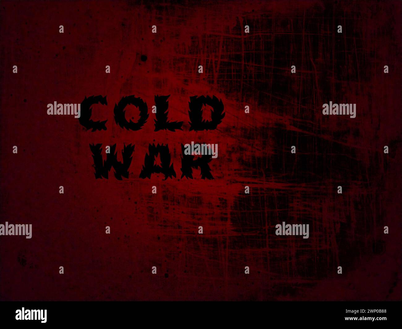 Inschrift des Kalten Krieges auf rot-schwarz geflecktem Hintergrund. Das Konzept von Krieg, Gewalt, Konfrontation, Kampf, Wettrüsten, Menschenrechte, Freiheit und Stockfoto