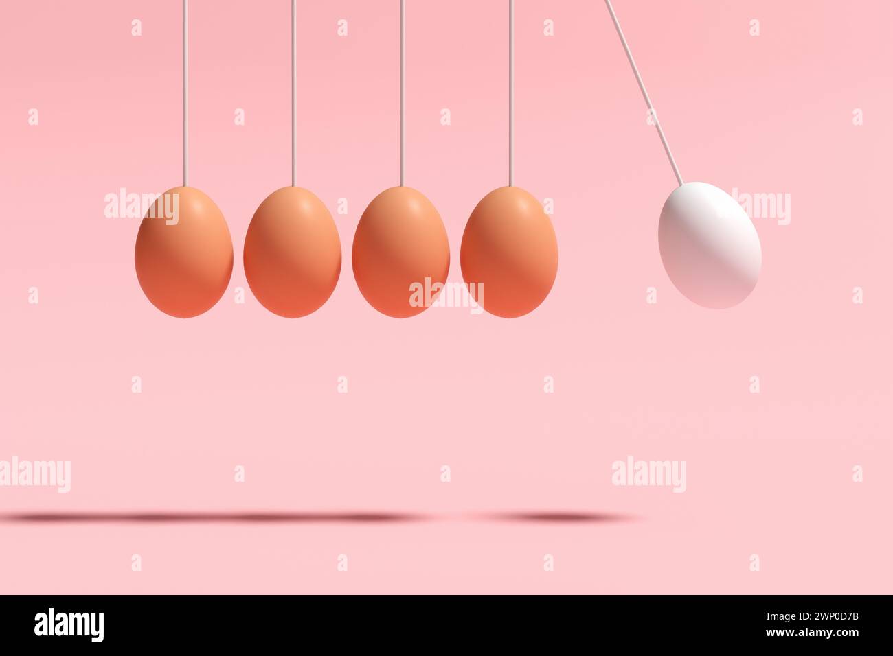 Hängende Eier, entworfen als Newtons Wiege Balance Pendelkugeln auf rosa Hintergrund. Konzepte für Risikoeffekt, Verletzlichkeit, Aktion und Reaktion. 3D-rendern Stockfoto