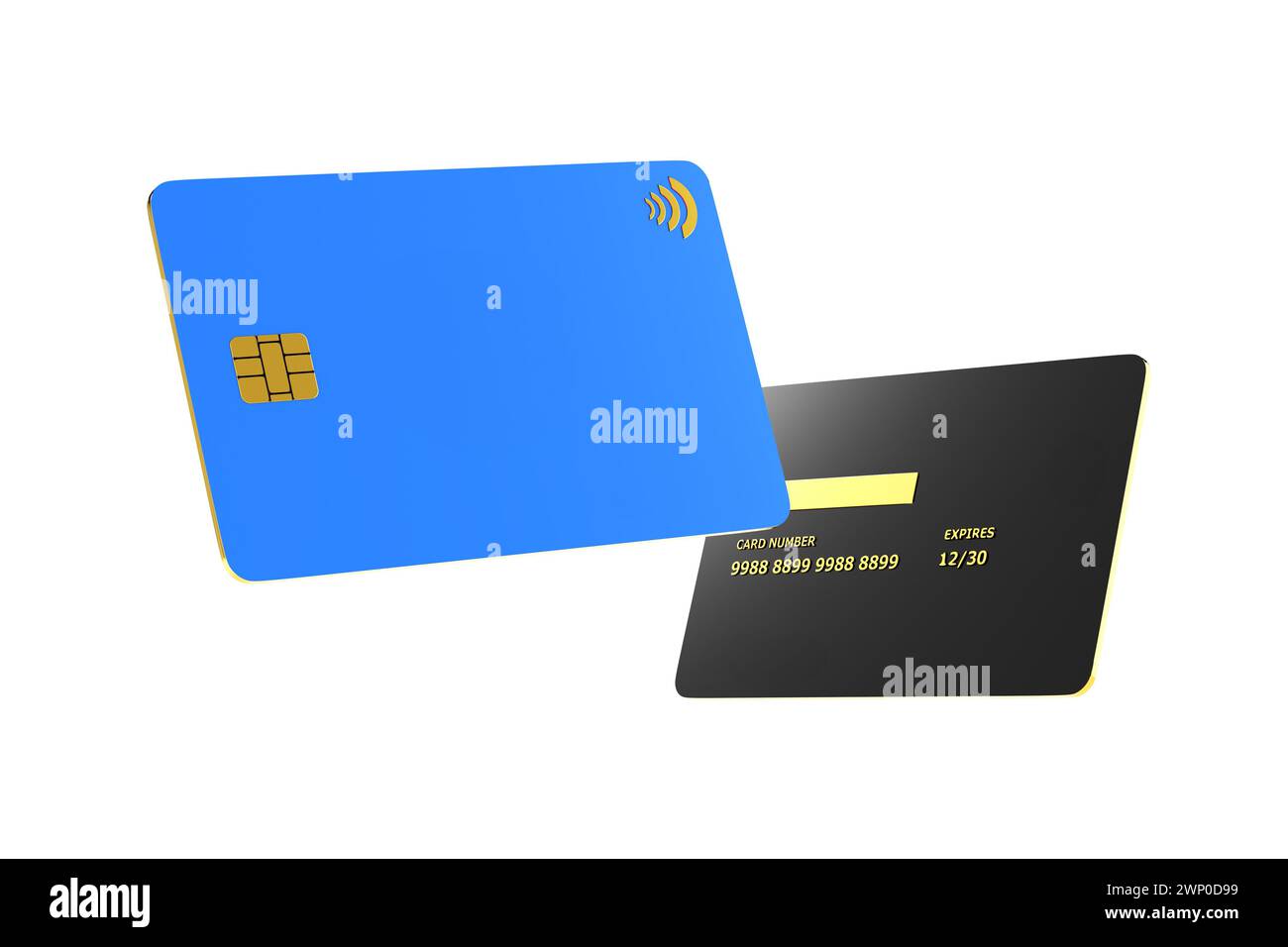 Blaue Kreditkartenvorderseite und -Rückseite schwebend auf isoliertem weißem Hintergrund. Vorlage für E-Commerce- und Geschäftskreditkarten. 3D-Rendering. Stockfoto