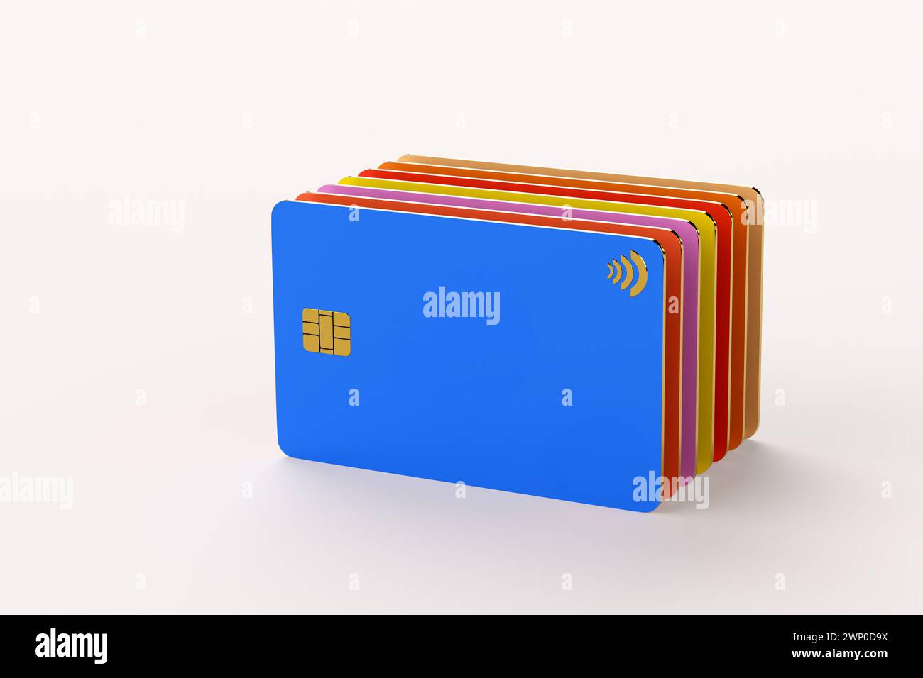 Mehrfarbige Kreditkarten in einer Reihe auf weißem Hintergrund. FinTech-Technologie, Banking, Business und Online-Shopping. 3D-Rendering. Stockfoto
