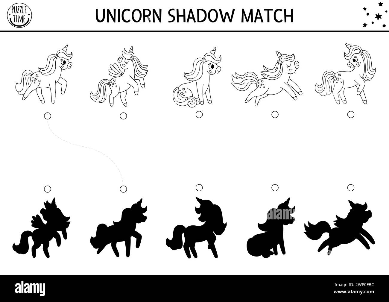 Einhorn-Aktivität für Schwarzweiß-Schatten. Magische Welt Puzzle mit niedlichen Charakteren. Finde das richtige Arbeitsblatt für die gedruckte Silhouette, Spiel. Fai Stock Vektor