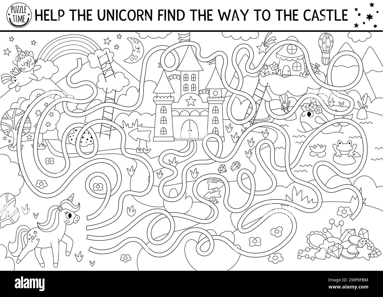Ein schwarz-weißes Labyrinth für Kinder mit fantastischer Landschaft, Schloss, Fee. Magische Aktivität im Vorschulalter mit Schätzen, Regenbogen, Foren Stock Vektor