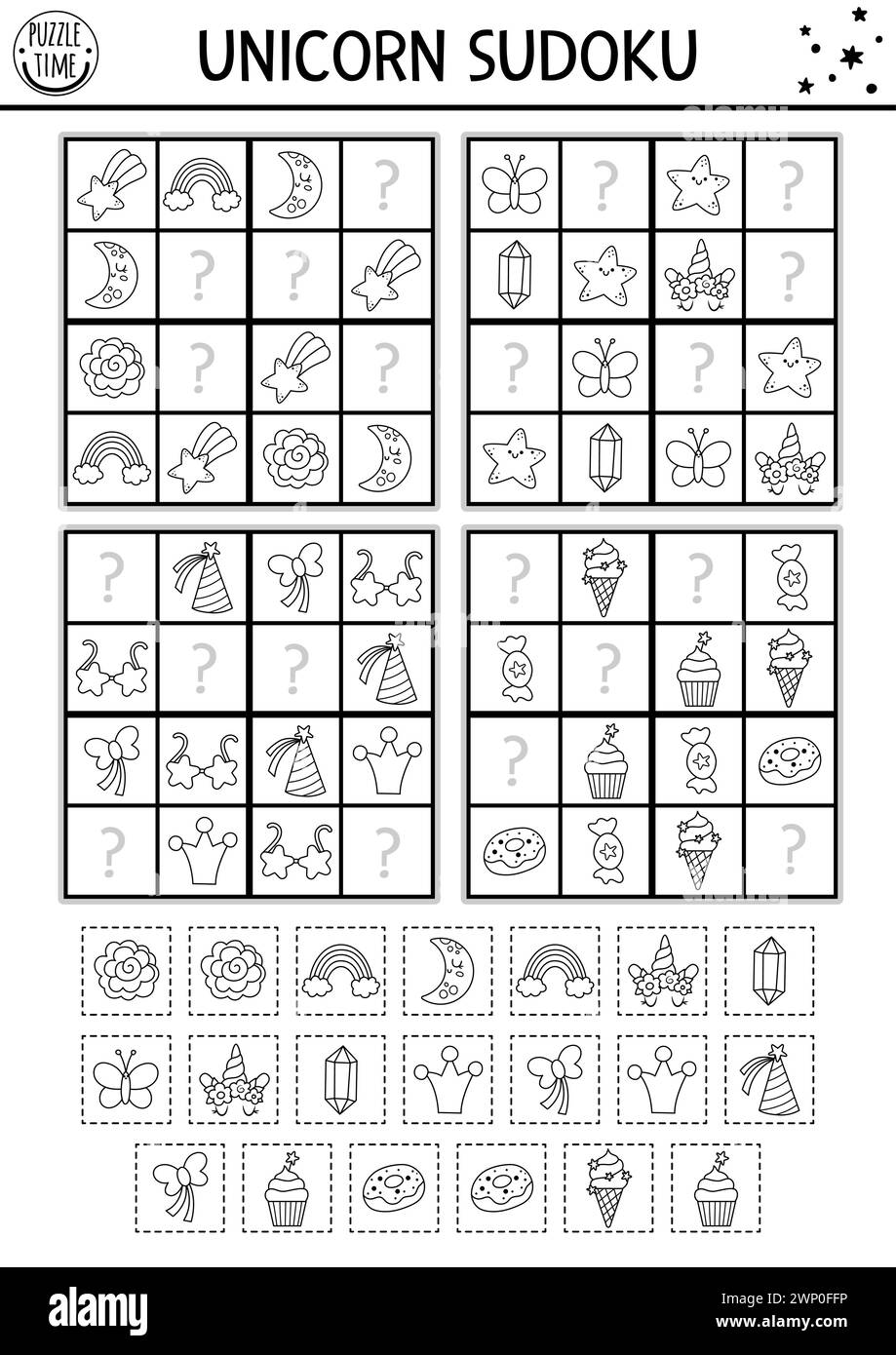 Vektor schwarz-weiß Einhorn Sudoku Puzzle für Kinder. Märchenhaftes Quiz mit Schnitt- und Klebeelementen. Bildungsaktivität oder Ausmalseite mit Regenbogen, cr Stock Vektor
