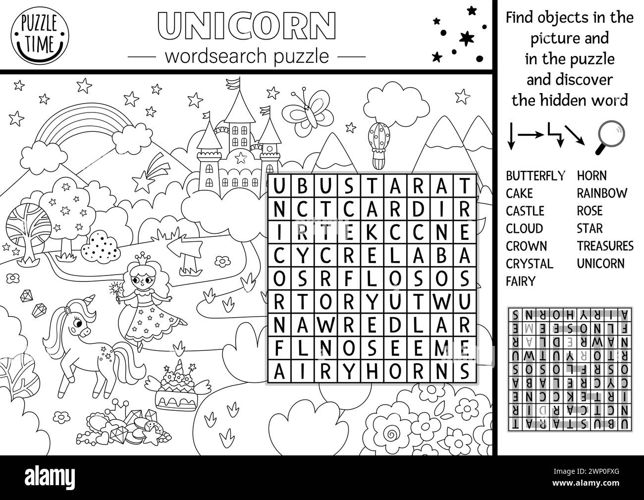 Vektor schwarz-weiß Einhorn Wortsuche Puzzle für Kinder. Einfaches Quiz zur Wortsuche mit Fantasy Country-Landschaft. Pädagogische Aktivität mit Schloss, r Stock Vektor