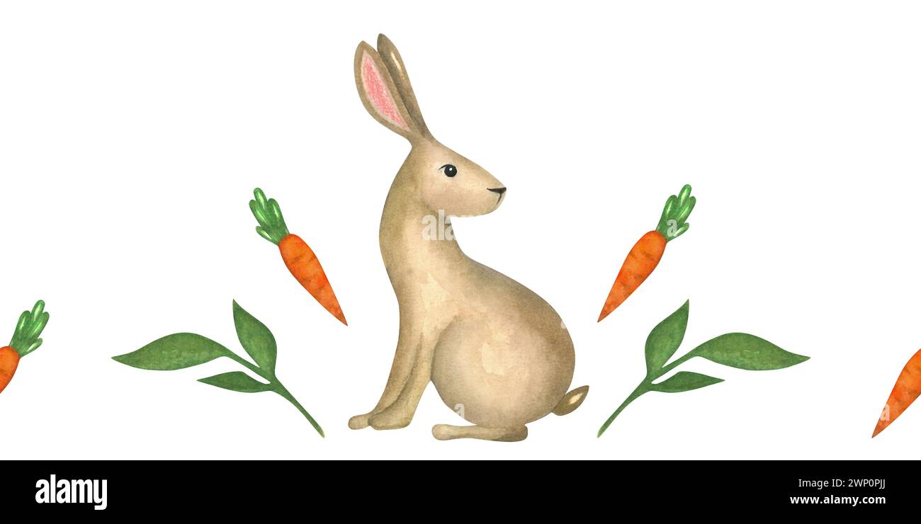 Nahtlose Rand Aquarell Illustration auf Ostern Thema mit braunem Häschen, Karotten und Blatt. Für Textilien und Tapeten Stockfoto