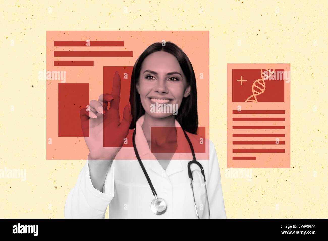 Collage-Kunstwerk-Bild einer glücklichen lächelnden, selbstbewussten Frau mit moderner Technologie in der Klinik isoliert auf zeichnendem Hintergrund Stockfoto