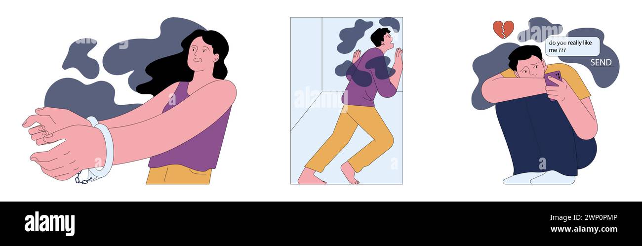 Menschliche Ängste gesetzt. Verängstigte Charaktere, die sich persönlichen Phobien stellen. Verängstigte ängstliche Person mit Panikstörung. Psychologisches Problem. Illustration des flachen Vektors Stock Vektor