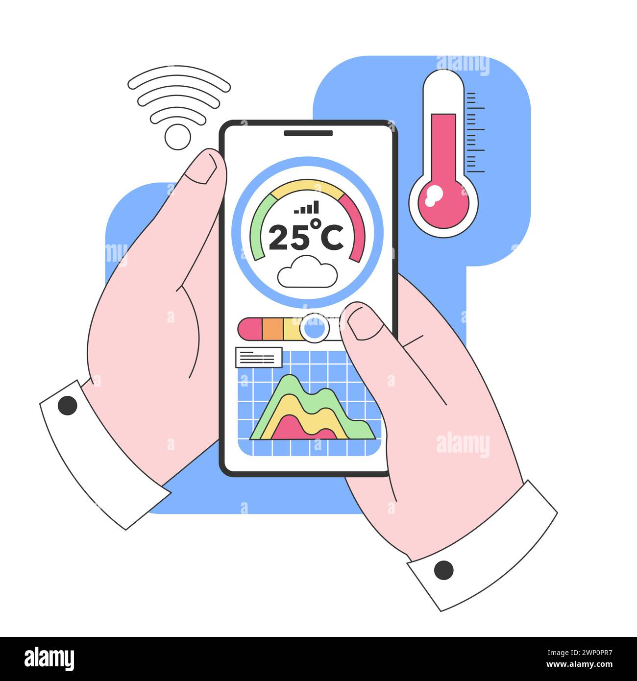 Hand hält ein Smartphone, das Wetterdaten anzeigt. Wolken-, Temperatur- und farbenfrohe Diagramme zeigen die aktuellen Bedingungen an. In der Nähe zeigt ein rotes Thermometer die Umgebungstemperatur an. Illustration des flachen Vektors Stock Vektor