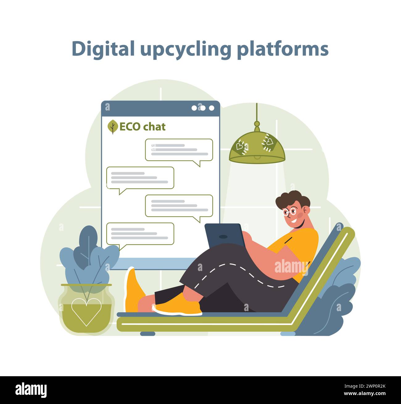 Abbildung: Digitale Upcycling-Plattformen. Eine Person interagiert bequem in einer Online-Upcycling-Community und zeigt die Schnittstelle von Technologie und Umweltschutz. Stock Vektor
