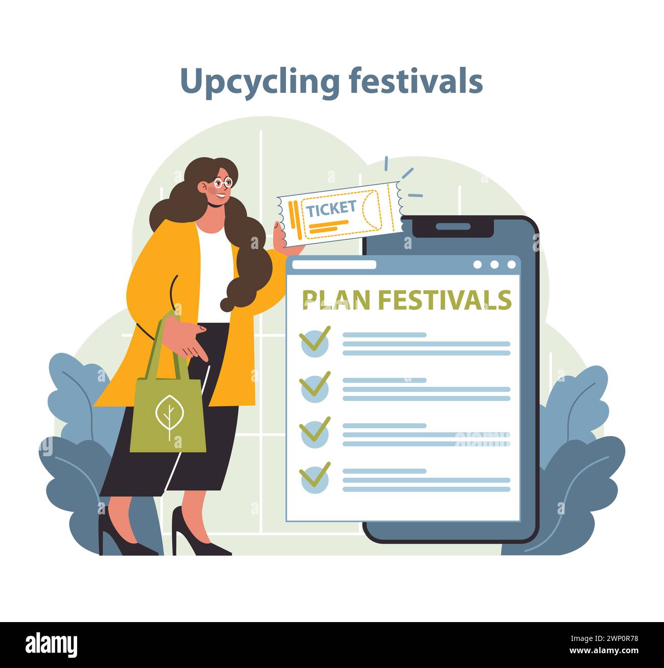 Illustration Zur Planung Von Upcycling-Festivals. Eine proaktive Person organisiert Upcycling-Festivals und hebt die gemeinschaftlichen Bemühungen zur Förderung von Nachhaltigkeit und Kreativität hervor. Stock Vektor