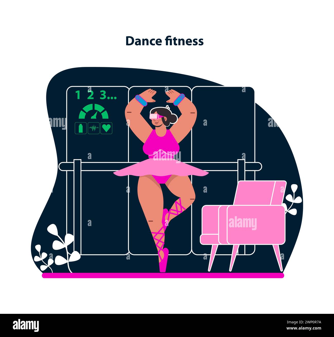 Tanzfitness in VR. Groove zum Rhythmus mit virtuellen Tanzkursen. Spaß und Fitness verschmelzen zu einem animierten Workout. Bewege dich und rüttele in einem digitalen Tanzstudio. Illustration des flachen Vektors. Stock Vektor