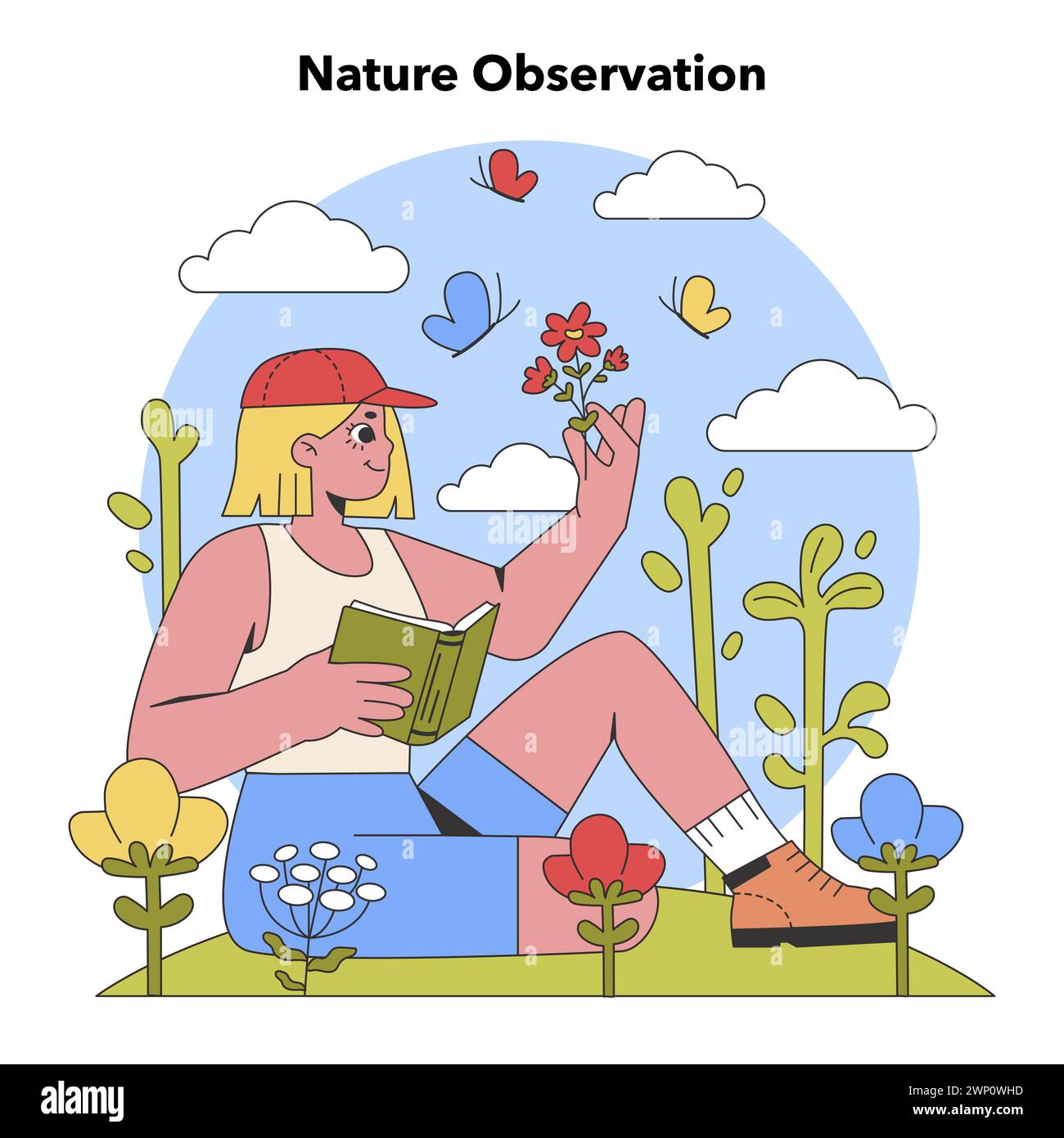 Studie Zur Ruhe Der Natur. Ein neugieriger Beobachter untersucht die Flora mit einem Reiseführer, inmitten lebendiger Schmetterlinge und üppiger Vegetation. Das Wesen des Campingens einfangen. Illustration des flachen Vektors Stock Vektor