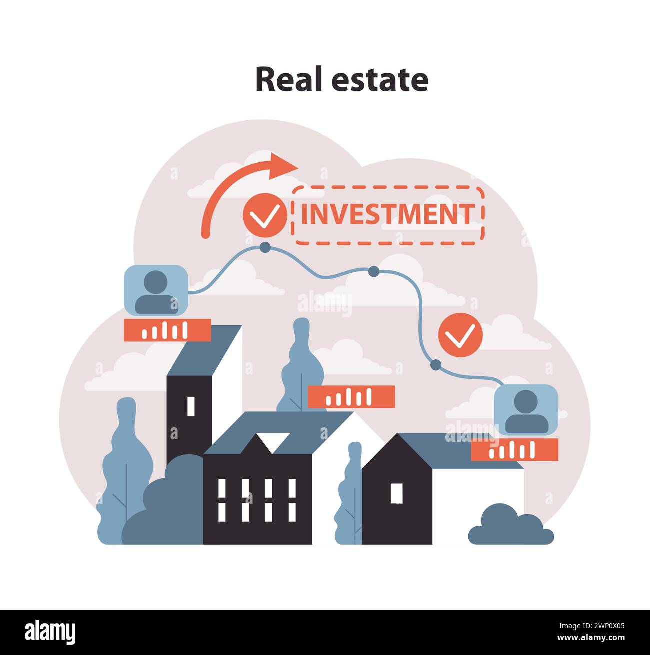 Diversifizierung durch Immobilien. Ein progressiver Investor, der in Immobilien, von städtischen Wohnungen bis hin zu Landhäusern, verzweigt ist, um Vermögenswerte und Aussichten zu erweitern. Strategische Immobilieninvestitionen. Stock Vektor