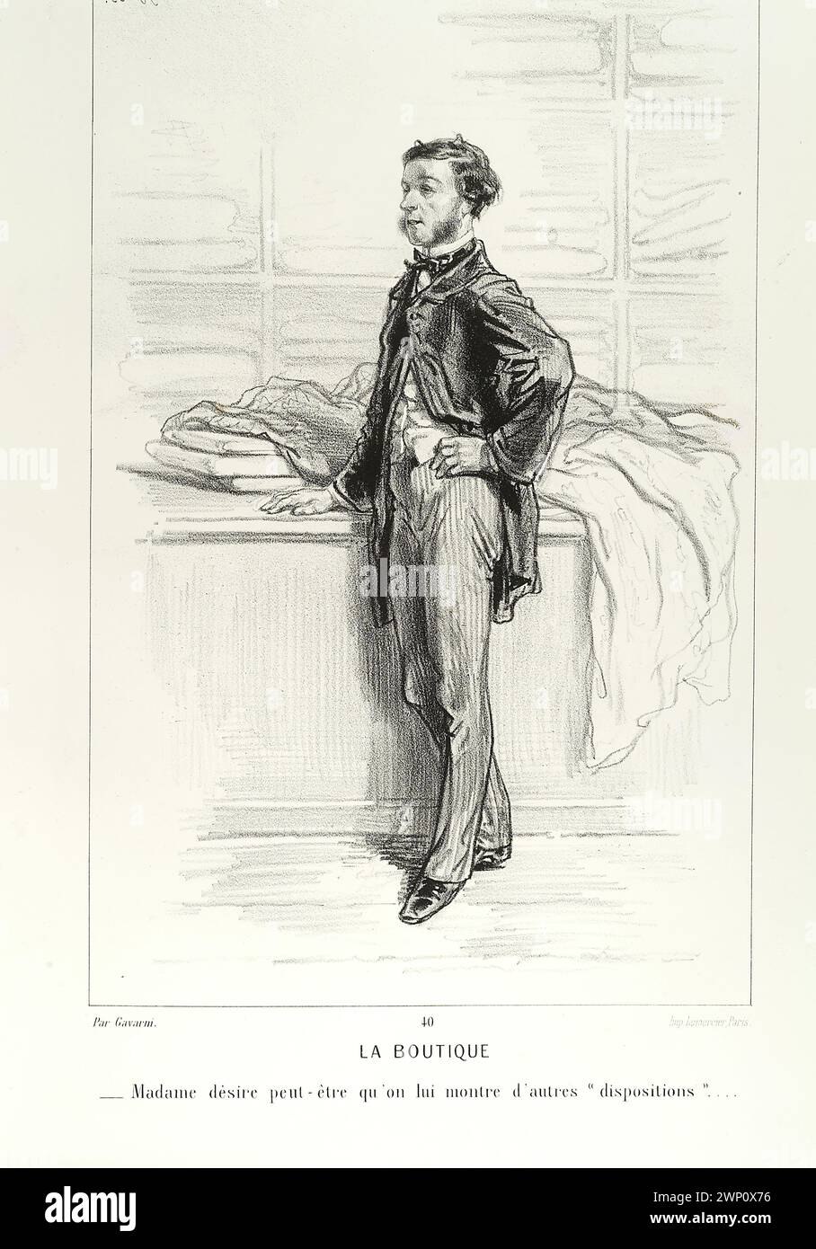 Paul Gavarni (1804-1866) - LA BOUTIQUE Madame désire peut-être qu'on lui montre d'autres "Dispositionen? Stockfoto