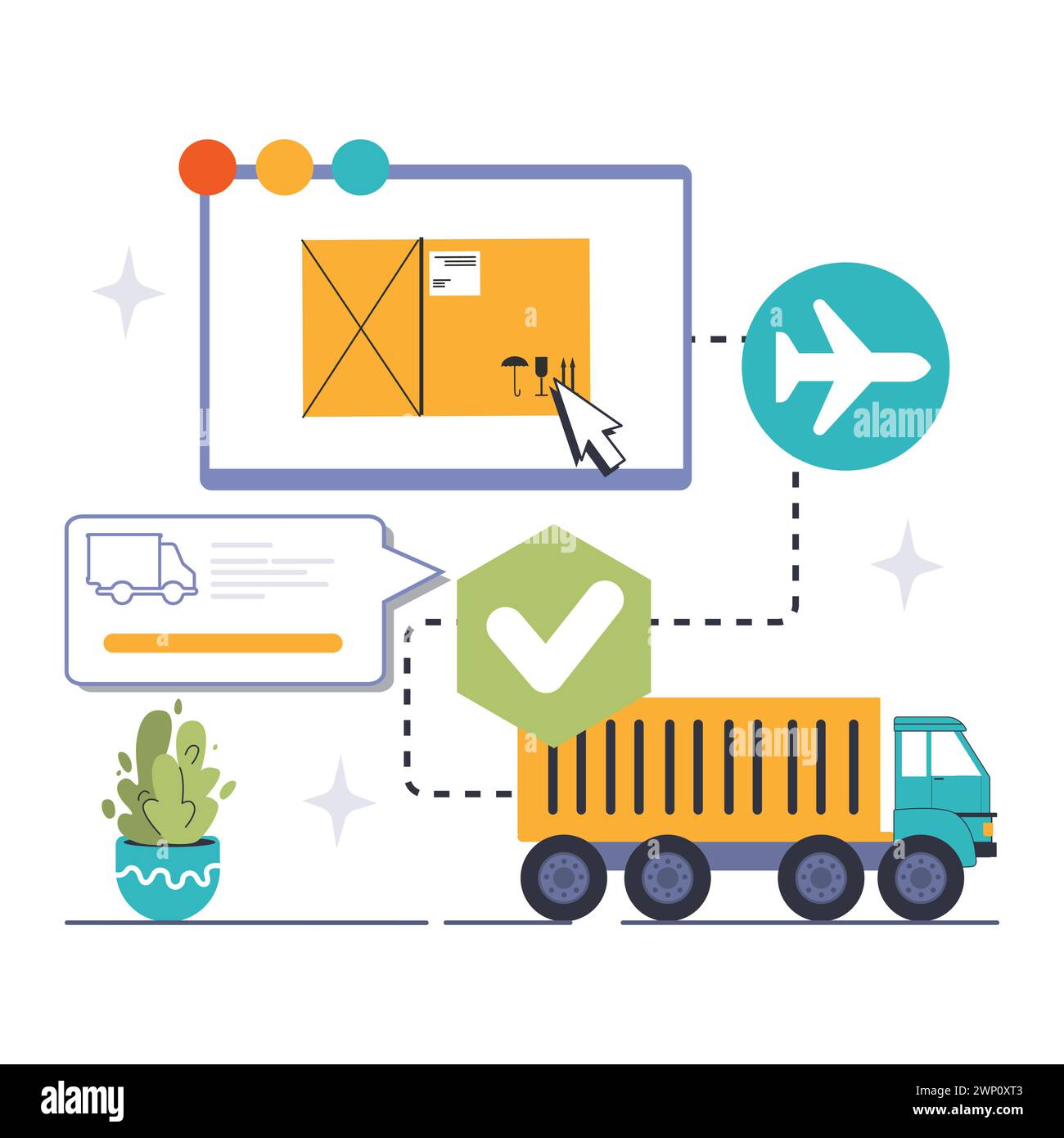 Globales Supply Chain-Konzept. Effizienter Logistik-Workflow mit Frachtverfolgung, Koordination von Luft- und Bodentransporten. Nahtloses Verteilungssystem. Illustration des flachen Vektors Stock Vektor