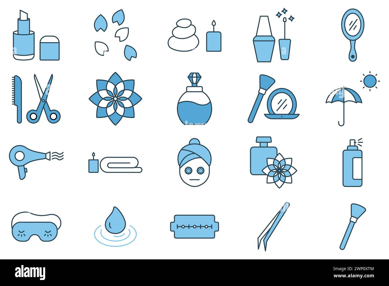 Spa-Symbol. Schönheits- und Spa-Symbol. Make-up, Spa Stone, nagellack, Lippenstift, ätherisches Öl, usw. Symbolstil für flache Linien. Schönheitselemente Vektorillustrat Stock Vektor