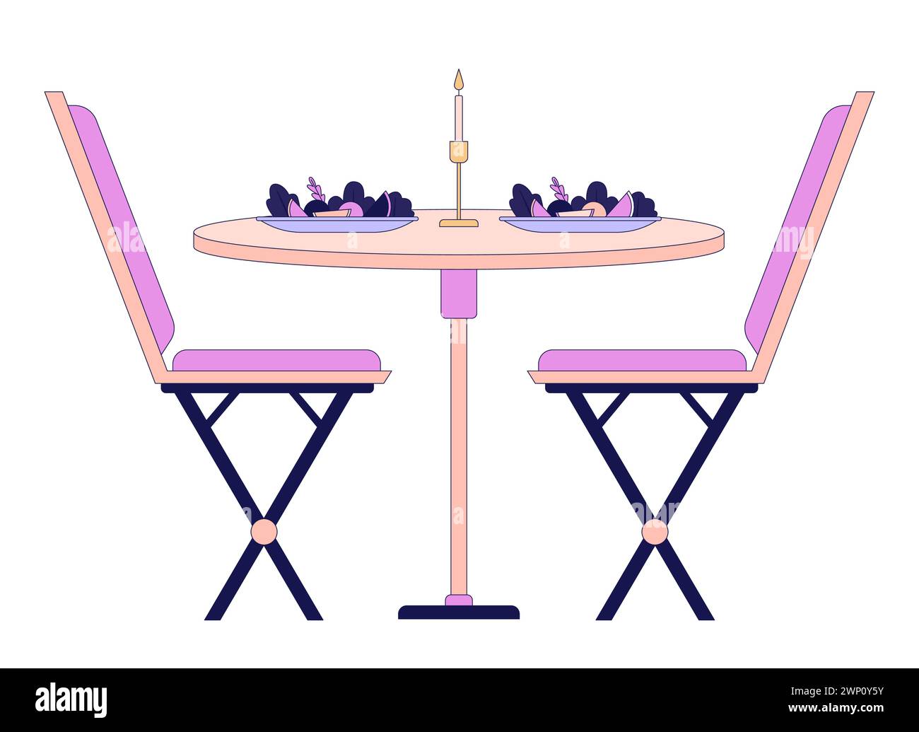 Romantische Esstisch Stühle 2D lineares Zeichentrickobjekt Stock Vektor