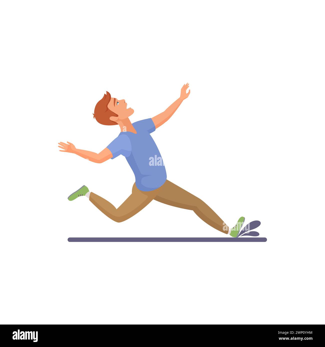 Mann, der in der Pfütze des Wassers mit Spritzern rutscht, männliche Figur fallende Vektor-Illustration Stock Vektor