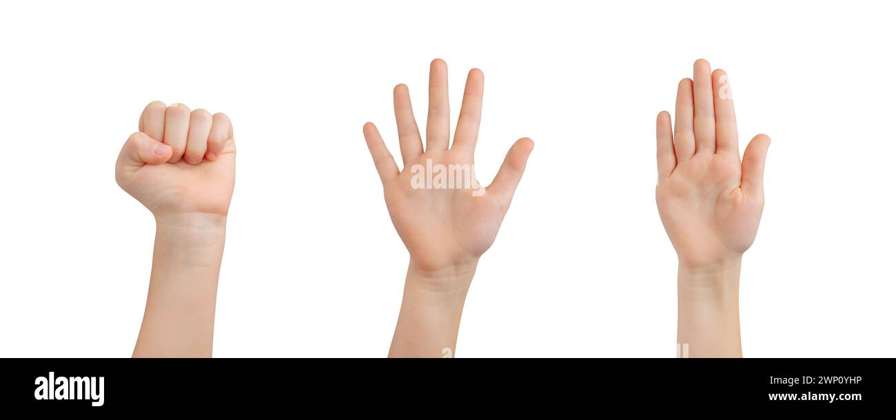 Die isolierte Hand des Kindes. Geschlossene Gesten ausdrücken, ausbreiten und stoppen, Kommunikation und Verständnis durch Handsignale fördern Stockfoto