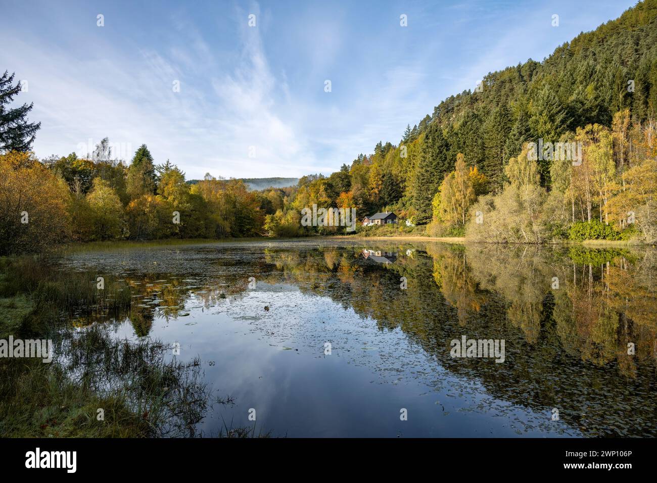 Herbstfarben und Reflexionen in Polney Loch in der Nähe von Dunkeld, Schottland. Stockfoto