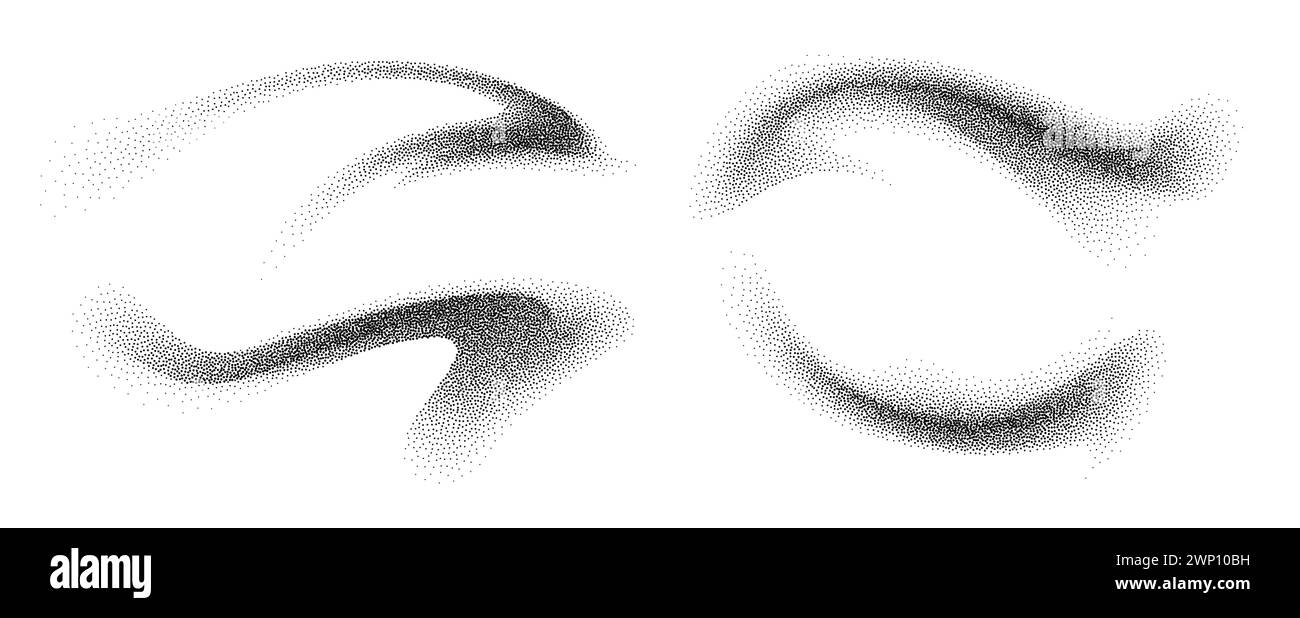 Abstrakte Dotwork-Formen, schwarze Maserung, abstrakter Stipple-Sand-Effekt, Farbverlauf aus Punkten. Stock Vektor