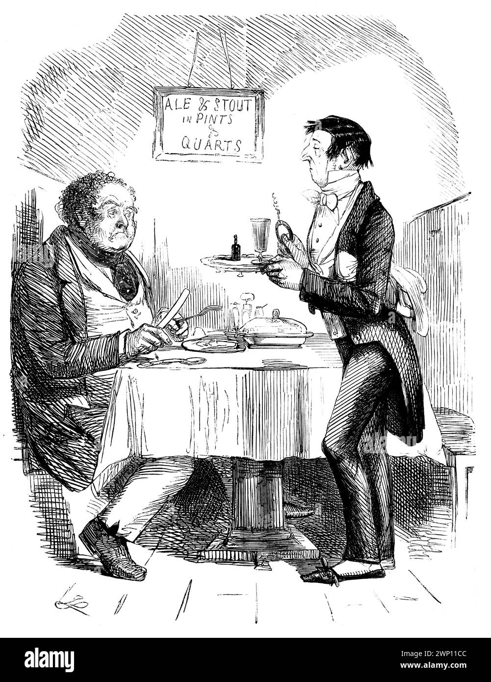 Das britische Pint oder die Flasche, in der man nachsehen muss, der Mann, der in einem öffentlichen Haus speist, wird eine winzige Flasche serviert, Cartoon aus dem 1852er Punch Magazine Stockfoto Das britische Pint oder die Flasche, in der man nachsehen muss, der Mann, der in einem öffentlichen Haus speist, wird eine winzige Flasche serviert, Cartoon aus dem 1852er Punch Magazine Stockfoto