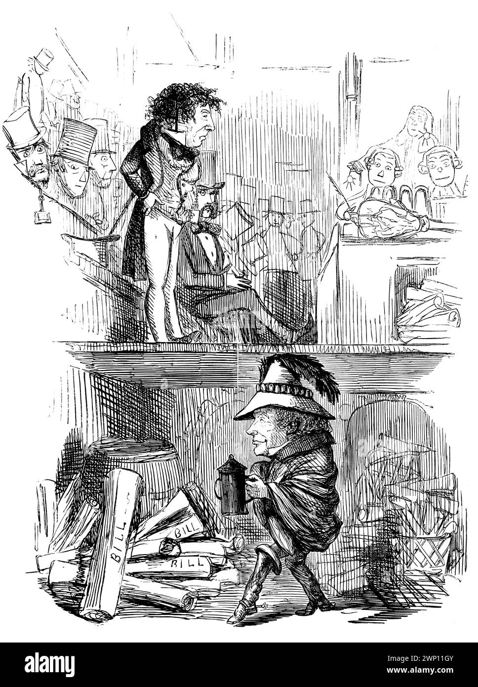 Lord John Blowing the Guys of Parliament, Ein Entwurf für den 5. November, politischer Cartoon aus dem 1852er Punch Magazine Stockfoto
