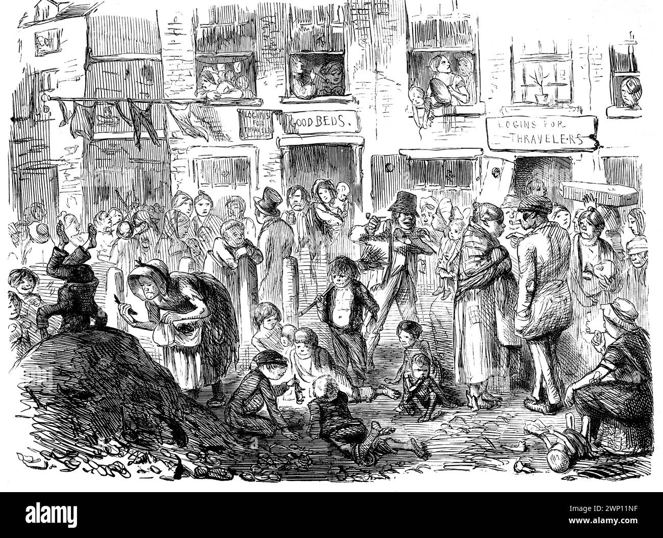 A Court for King Cholera, Cartoon der überfüllten unsanitären urbanen Straßenszene aus dem Punch Magazine 1852 Stockfoto