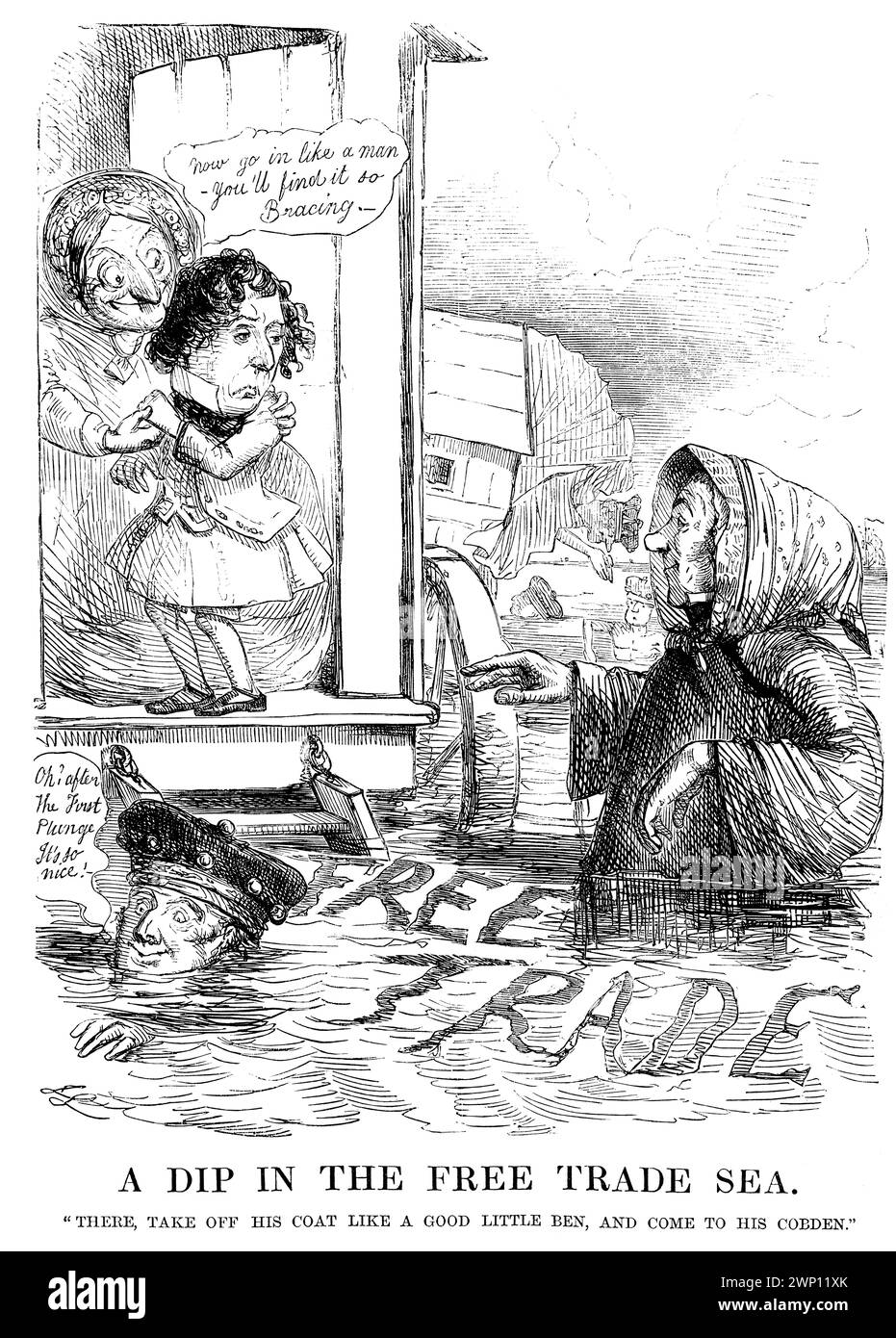 Ein Sprung in das Freihandelsmeer, politischer Zeichentrick aus dem 1852er Punch Magazine Stockfoto