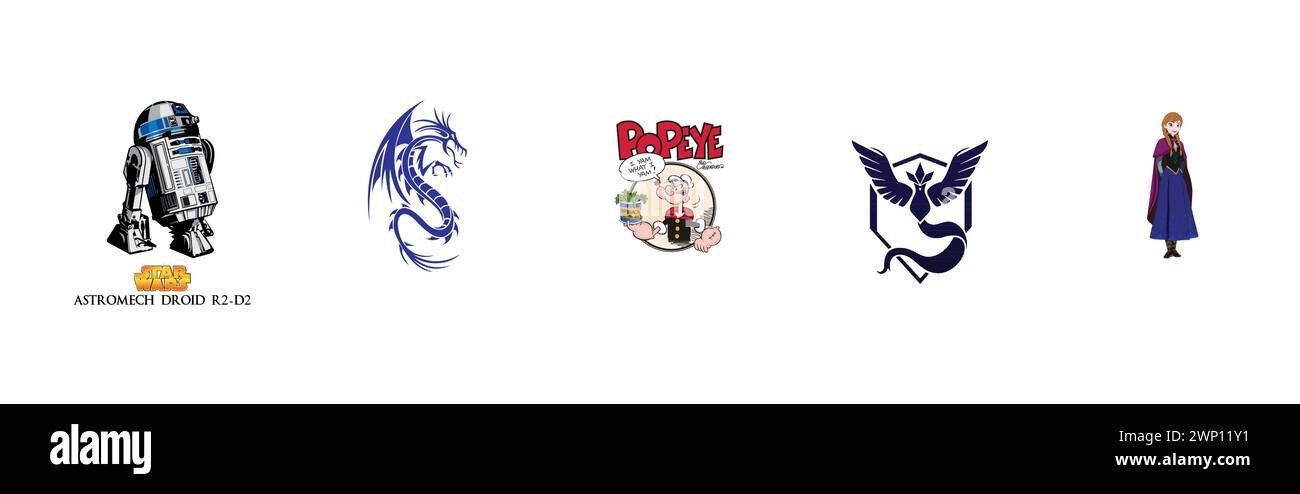 Popeye the Sailor, Frozen Prinses Anna, Dragon, Star Wars Astromech Droid R2-D2, Pokemon GO Team Mystic. Beliebteste Logokollektion für Kunst und Design. Stock Vektor