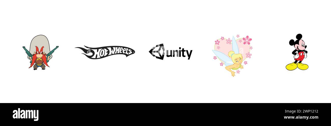 Hot Wheels, Tinkerbell - Campanilla, yosemite sam, Unity, Mickey Mouse. Beliebteste Logokollektion für Kunst und Design. Stock Vektor