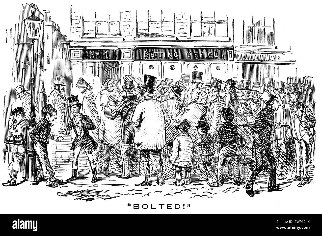 1852 Bolted, Cartoon der Menge vor dem Wettladen aus dem Punch Magazine Stockfoto