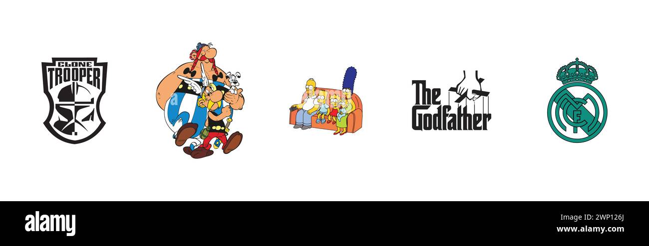 Real Madrid, Clone Trooper, Der Pate, Asterix, Obelix & Idefix, Die Simpsons. Beliebteste Logokollektion für Kunst und Design. Stock Vektor
