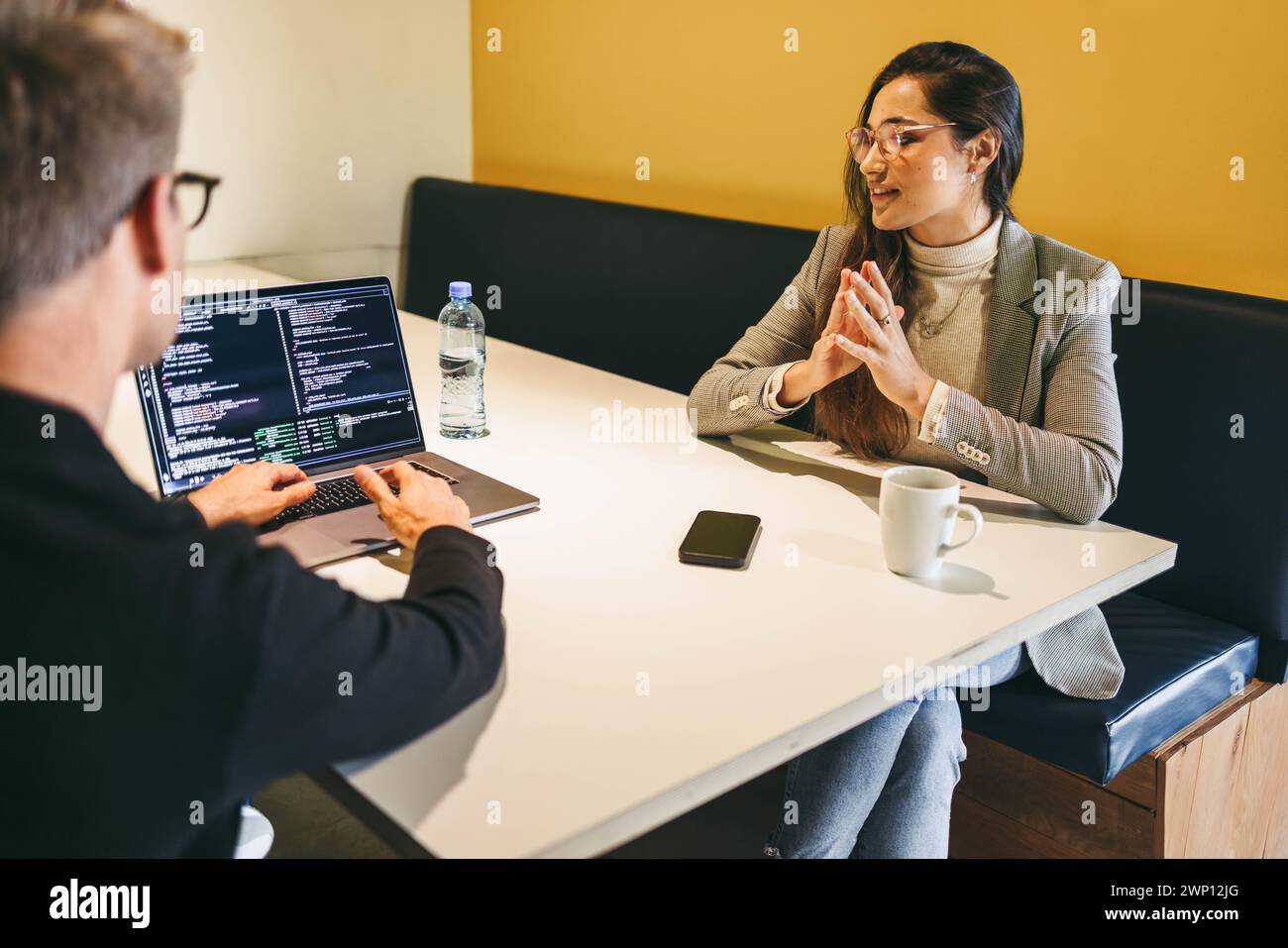 Zwei Computerprogrammierer, sowohl männlich als auch weiblich, führen eine dynamische Diskussion, während sie an einem Laptop in einer Bürokabine arbeiten. Sie zeigen Kollaborateure Stockfoto