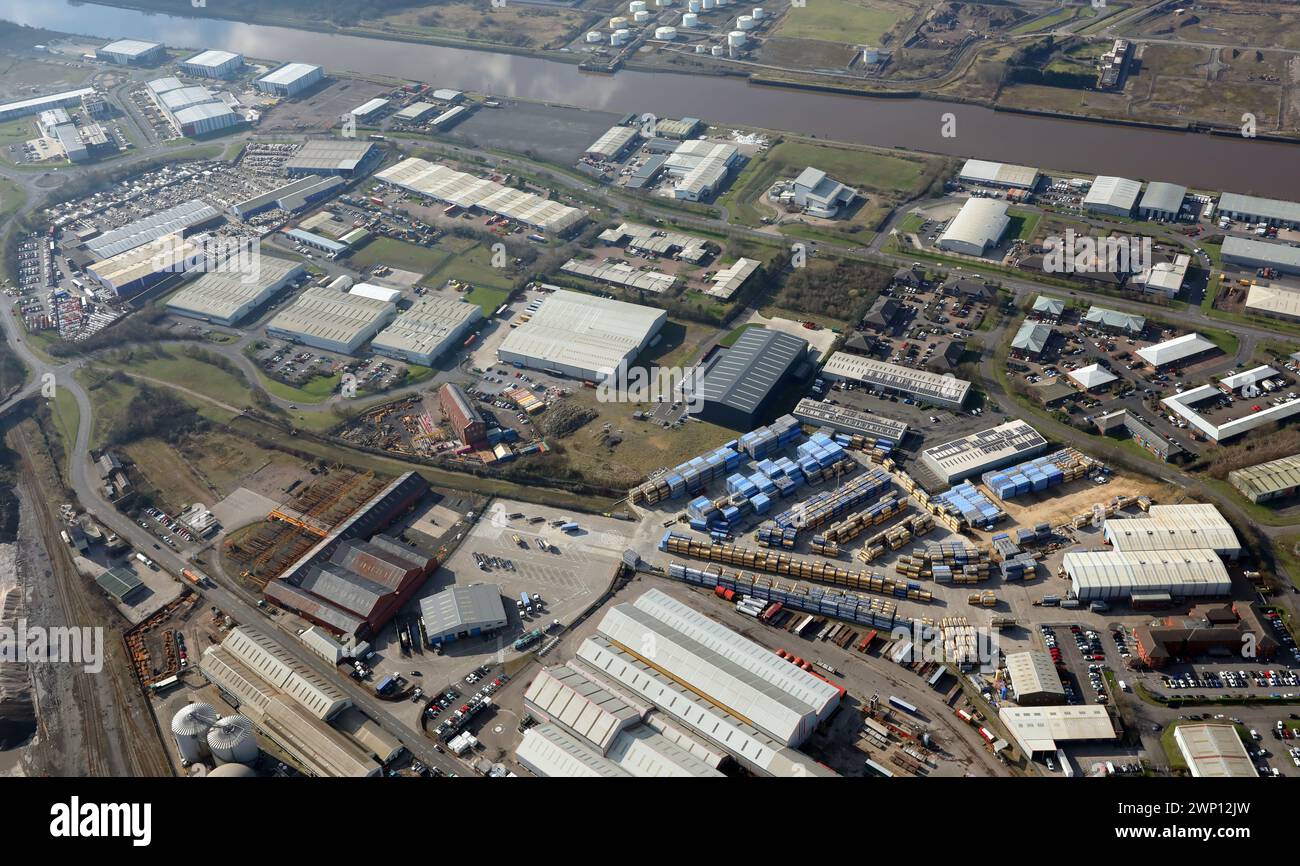 Aus der Vogelperspektive des Riverside Park Industrial Estate und anderer Unternehmen in der Riverside Park Road Gegend von Middlesbrough Stockfoto