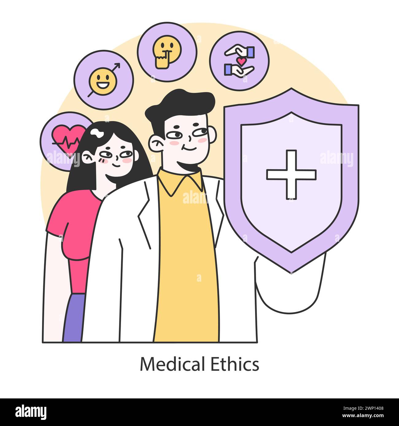 Medizinethik-Konzept. Eine Darstellung von Angehörigen der Gesundheitsberufe, die das Glück und die Rechte der Patienten wahren, symbolisiert durch einen Schutzschild. Illustration des flachen Vektors. Stock Vektor