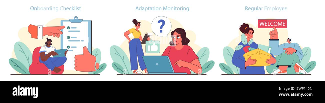 Einstellung der Arbeitsplatzorientierung. Der erste Tag des Mitarbeiters mit einem Büroleitfaden und Daumen nach oben für Unternehmensrichtlinien. Illustration des flachen Vektors. Stock Vektor
