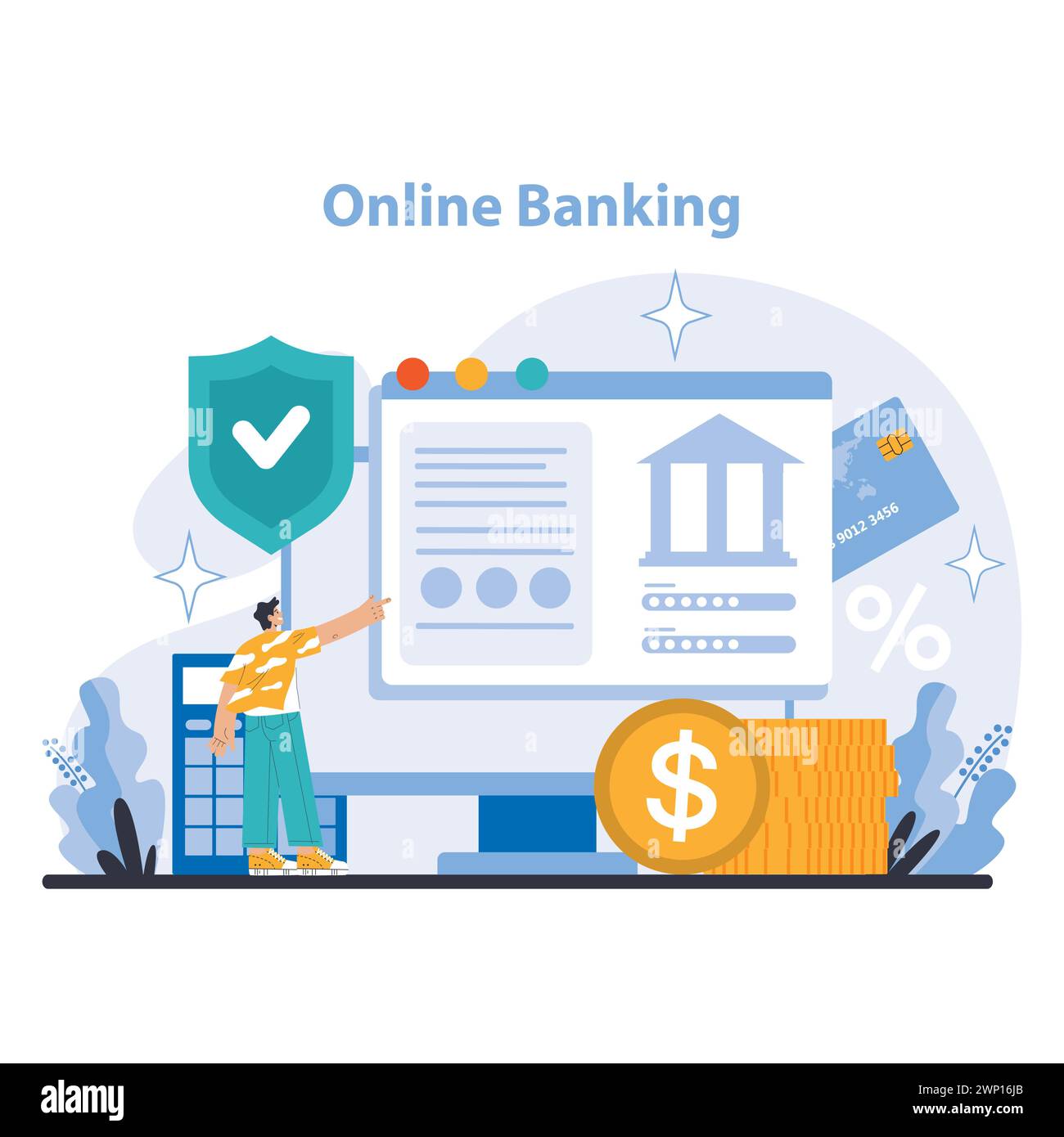 Online-Banking-Konzept. Benutzerfreundliche digitale Banking-Plattform für sichere Transaktionen und Kontoverwaltung. Technologie trifft auf Finanzen. Illustration des flachen Vektors. Stock Vektor