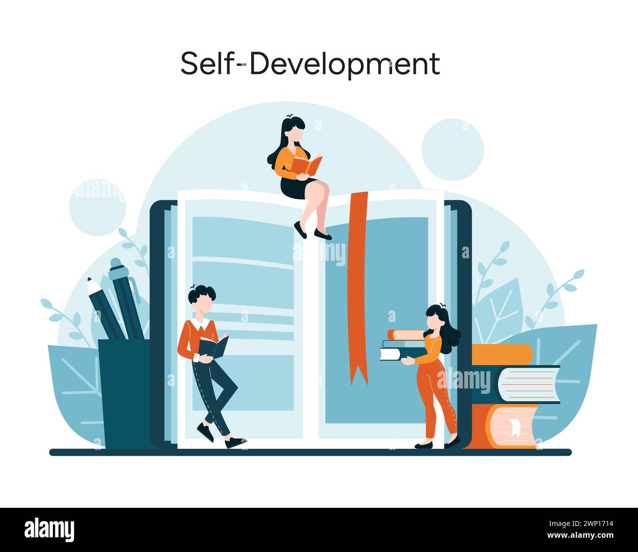 Konzept des lebenslangen Lernens. In Wissen vertieft, beschäftigen sich einzelne mit Literatur. Eine Suche nach persönlichem Wachstum durch Lesen. Weisheit entfaltet sich auf den Seiten. Vektorabbildung Stock Vektor