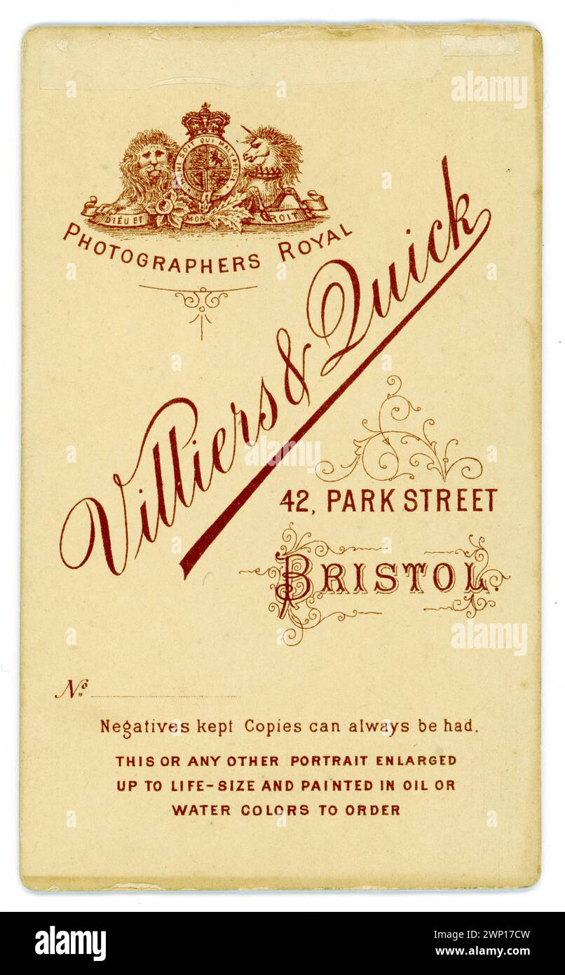 Rückseite der Riginal Victorian Carte de Visite (Visitenkarte oder CDV) aus dem Fotostudio von Villiers & Quick, 42 Park Street, Bristol, Großbritannien um Ende der 1880er Jahre Stockfoto