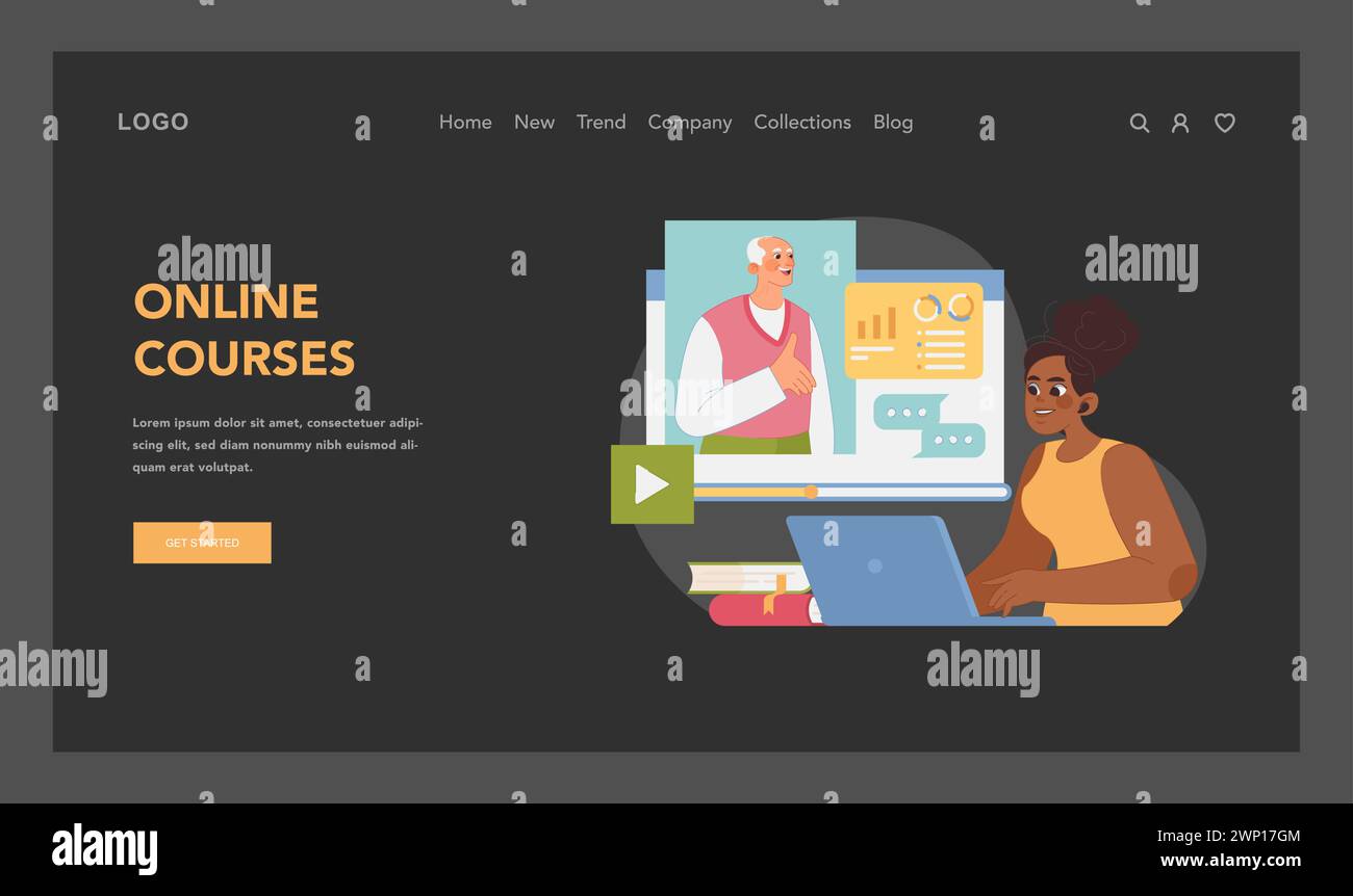 Digitales Lernkonzept. Zielgerichtete schwarze Studentinnen interagieren mit der Online-Kursoberfläche und repräsentieren einen modernen Bildungsansatz durch webbasiertes Studium. Illustration des flachen Vektors Stock Vektor