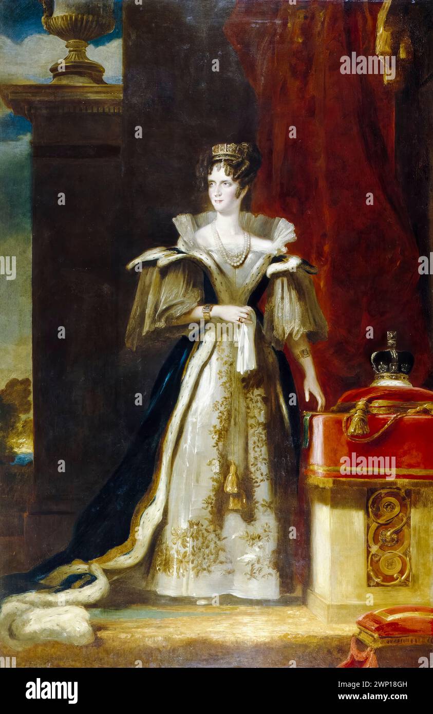 Königin Adelaide von Sachsen-Meiningen (1792–1849) Königin von Großbritannien und Hannover (1830–1837), Porträtgemälde in Öl auf Leinwand von John Simpson, 1832 Stockfoto